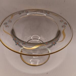 Westmoreland Clear Glass Compote with Gold Trim and Blue-Gray Floral Accents
